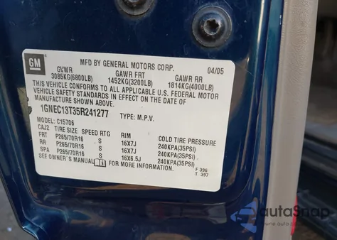 2005 Chevrolet Tahoe Ls z USA, uszkodzony, nr VIN 1GNEC13T35R241277